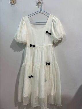 Girls Ivory Puff-Sleeve Tiered Dress with Black Bows